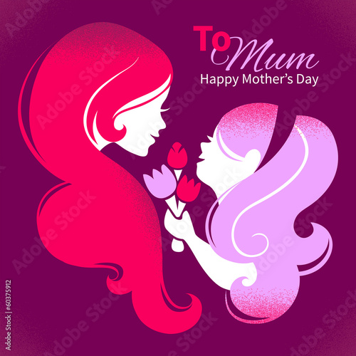 Card of Happy Mother's Day. Beautiful mother silhouette with her