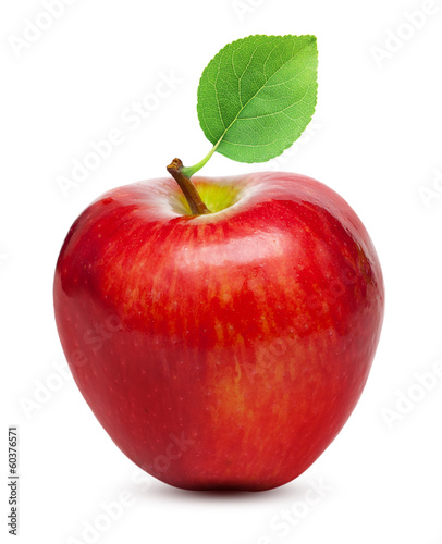 Red apple fruit with leaf isolated