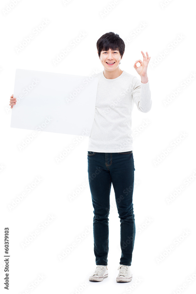 Asian young man showing pannel Asian young man showing pannel