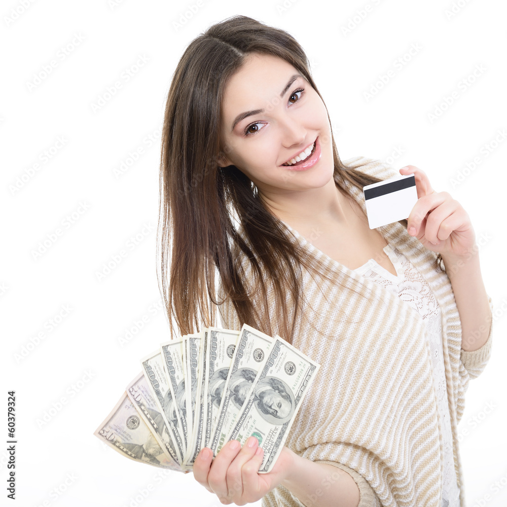 Cheerful attractive young lady holding cash with plastic card an Cheerful attractive young lady holding cash with plastic card an