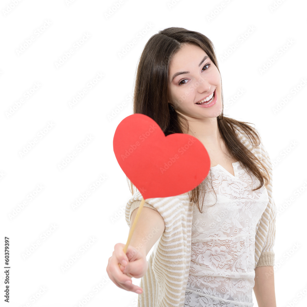 portrait of attractive happy smiling teen girl with red heart, l portrait of attractive happy smiling teen girl with red heart, l