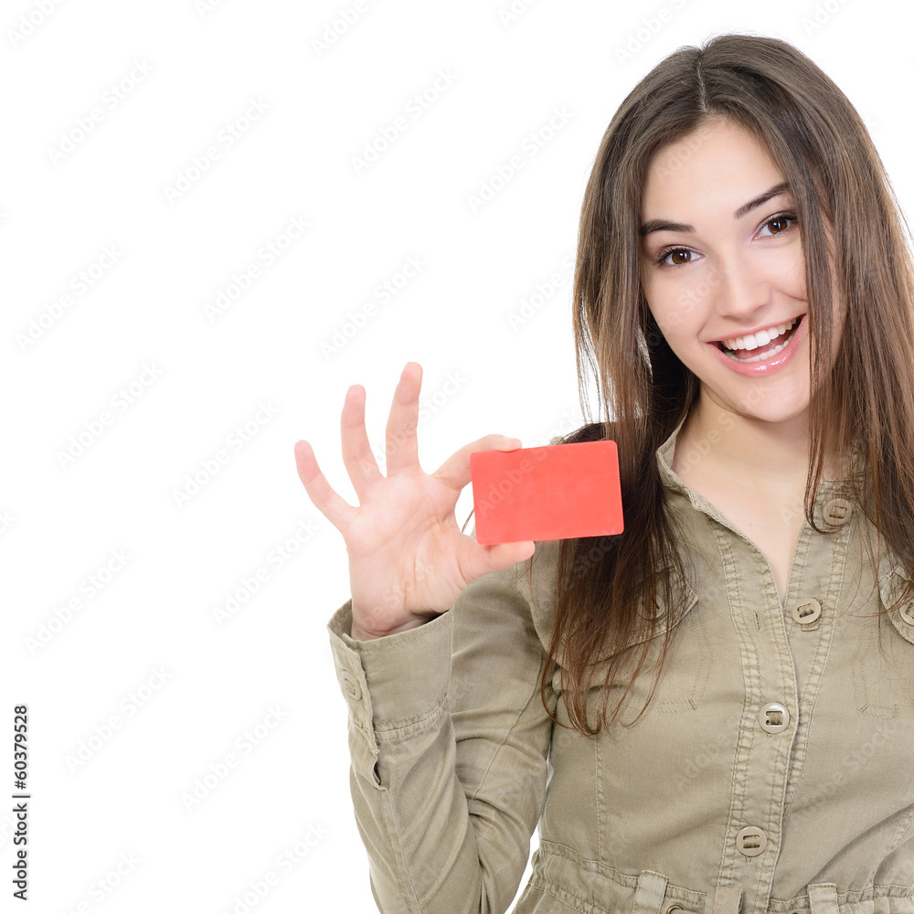 beautiful friendly smiling confident girl showing red card in ha beautiful friendly smiling confident girl showing red card in ha