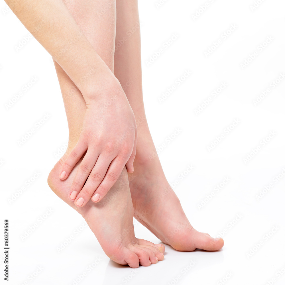 beautiful graceful female legs of young woman over white