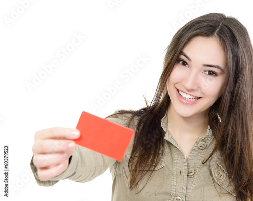 beautiful friendly smiling confident girl showing red card in ha photo