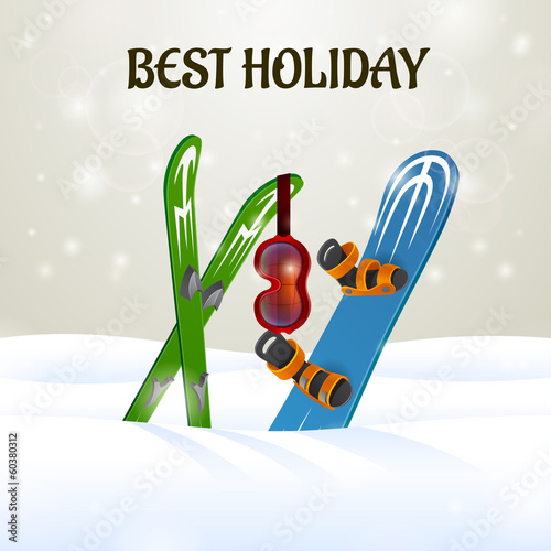 Skiing with Ski Goggles and snowboard on snow background