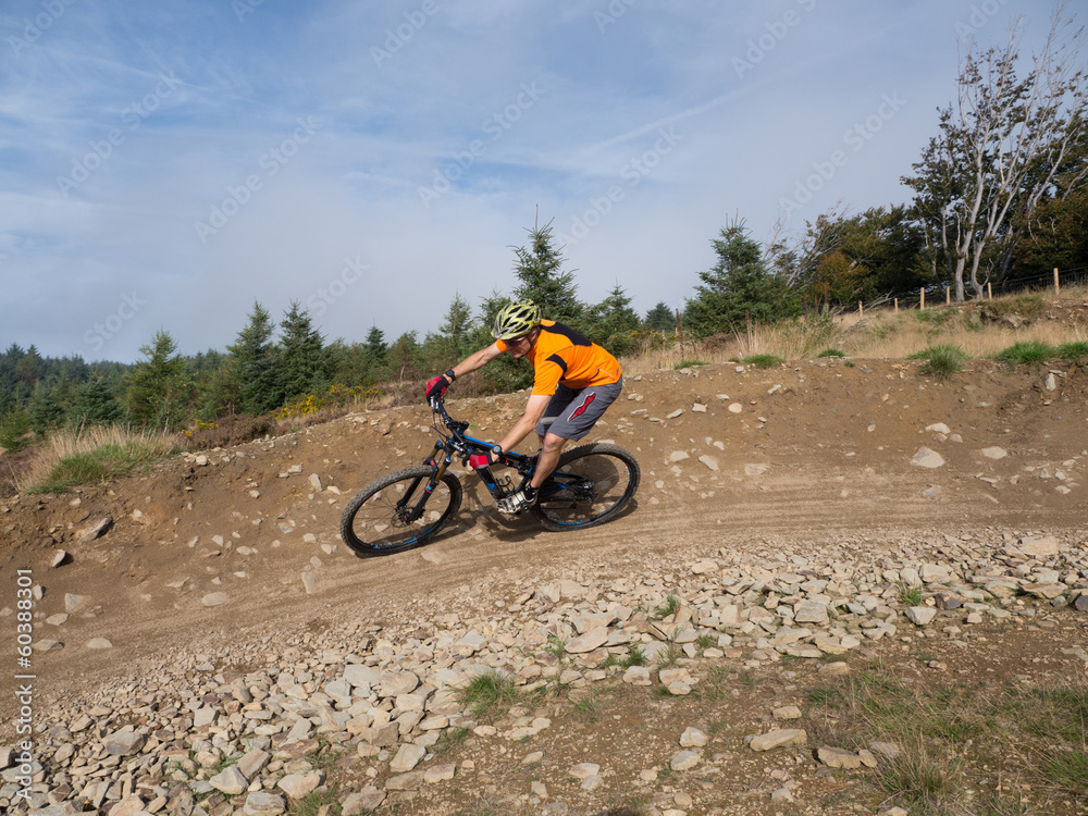 Obraz premium Mountain biker riding trails in Wales