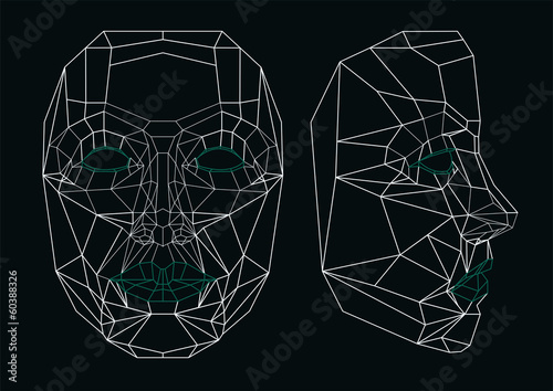 Robot face line art: front and side. Geometrical.