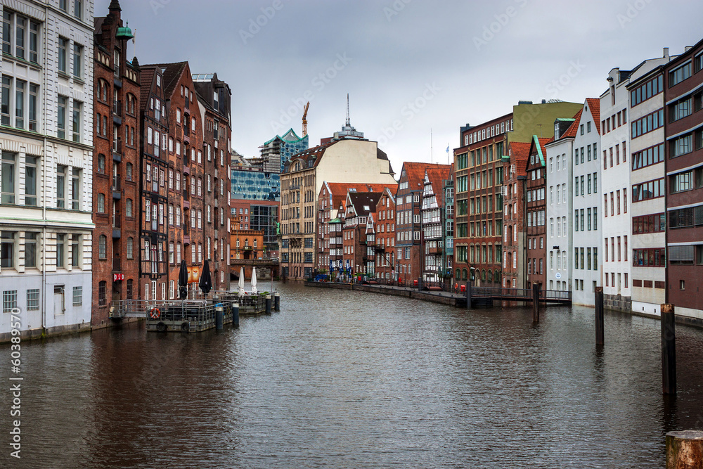 Traditional buildings along canal in Hamburg, Germany