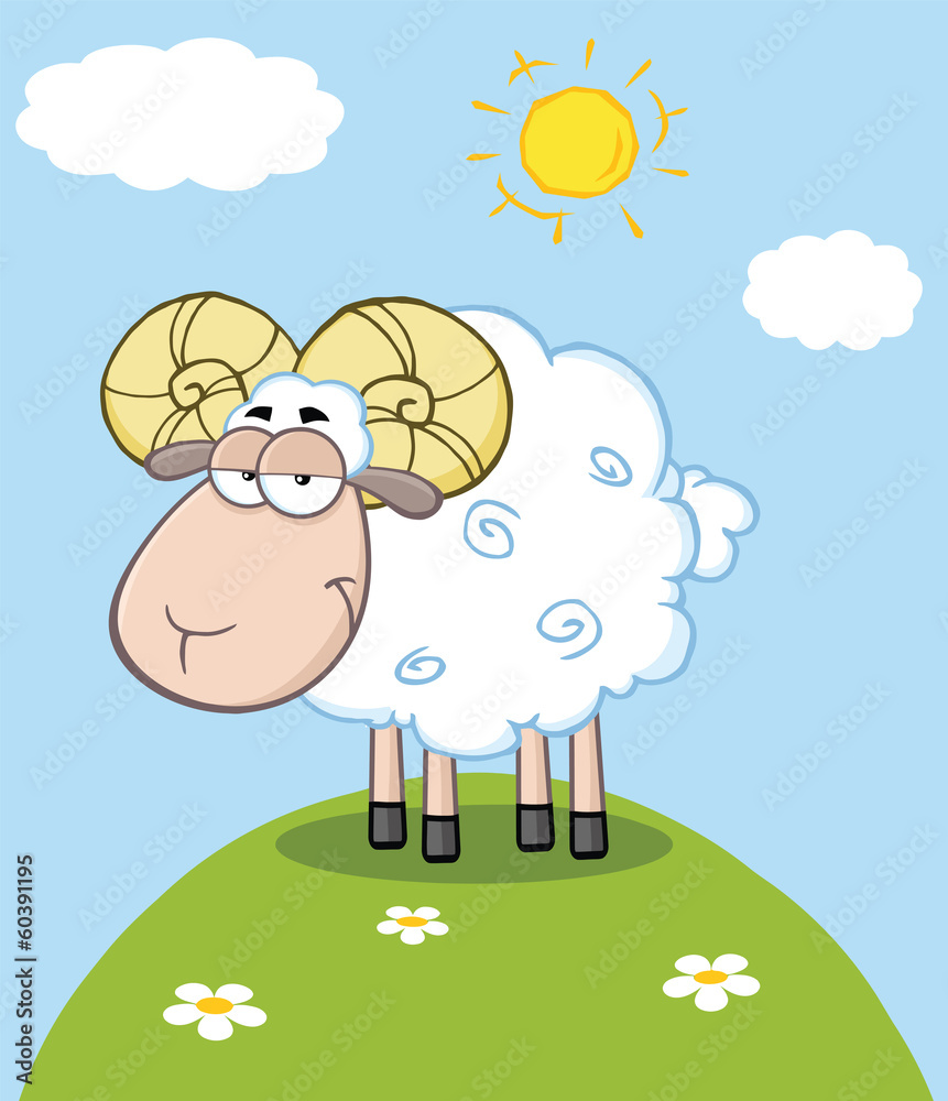 Fototapeta premium Cute Ram Sheep Cartoon Mascot Character On A Hill
