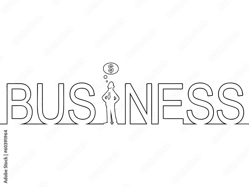 Black line art of the word 'BUSINESS' with a man in it. Black line art of the word 'BUSINESS' with a man in it.