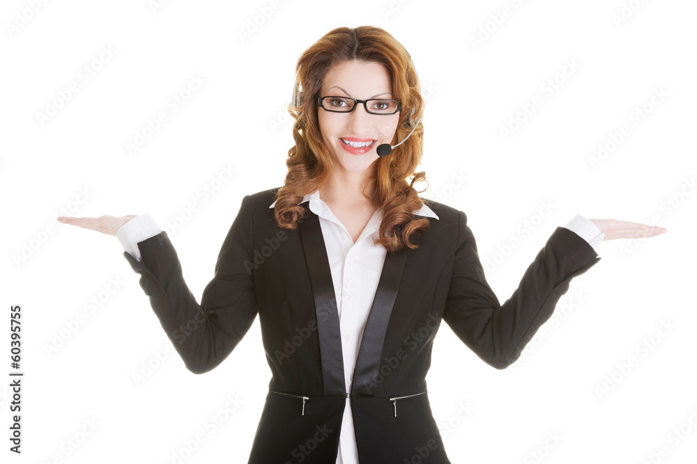 Call center assistant advertising copy space on her palm Call center assistant advertising copy space on her palm
