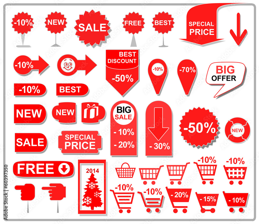 Vector red price tags, labels, stickers, arrows and ribbons Stock