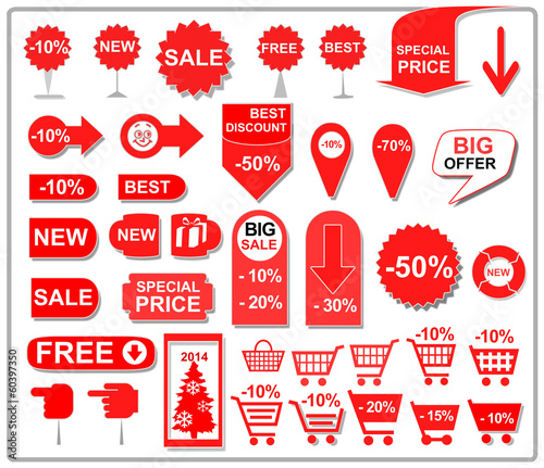 Vector red price tags, labels, stickers, arrows and ribbons