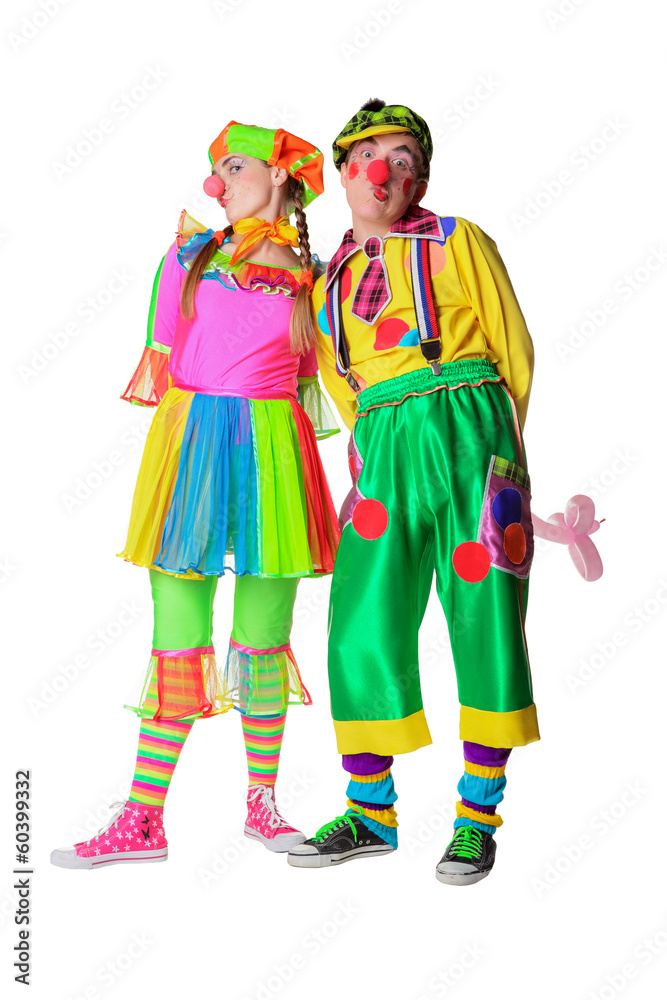 Couple of happy clowns. Isolated on white