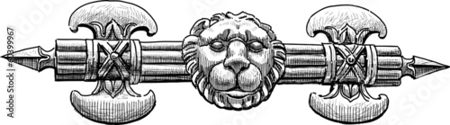 architectural detail of axe and lion head