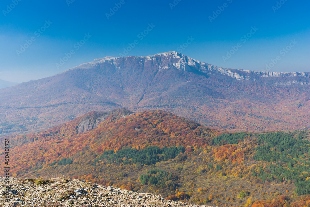View from mountain Demerdzhi to Chatyr-Dah mountainous massif.