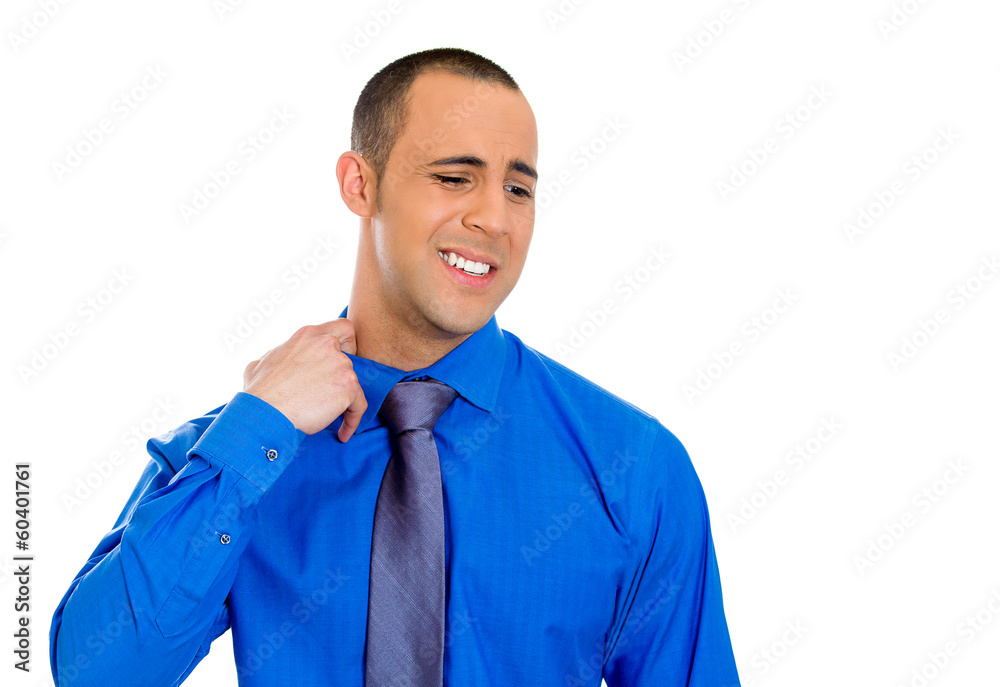 Business man opening shirt to vent, hot, unpleasant situation Business man opening shirt to vent, hot, unpleasant situation