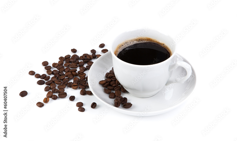 Fototapeta premium cup of black coffee with roasted coffe beans 2
