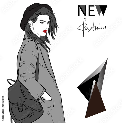 Fashion girl with hat and coat new look vector illustration