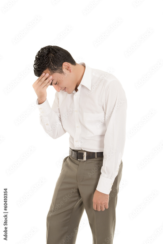 desperate hispanic man with hand in face desperate hispanic man with hand in face