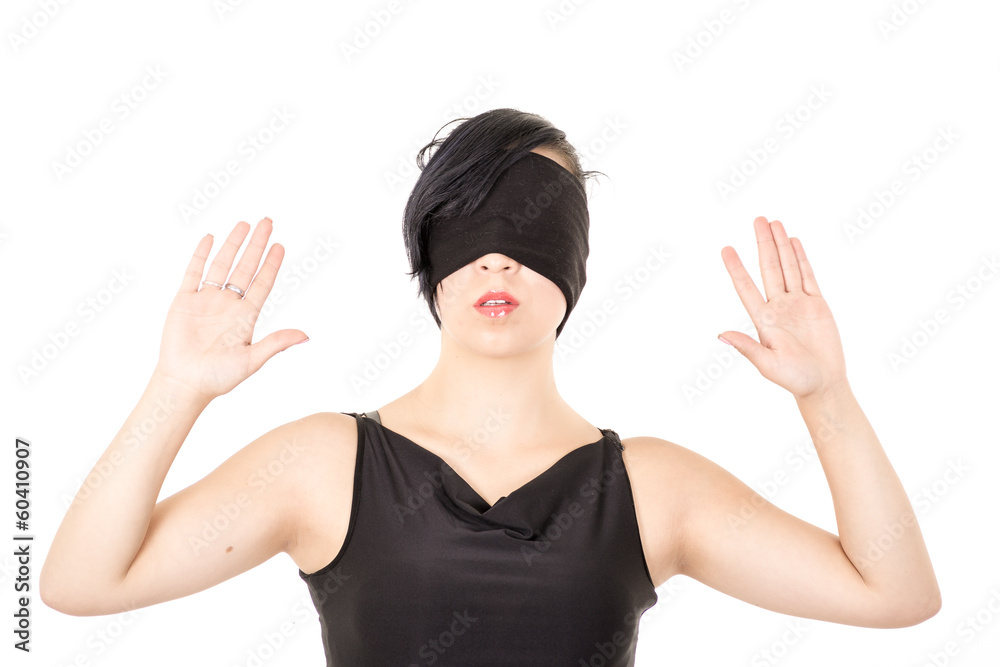 Portrait of the young woman blindfold , isolated on white Portrait of the young woman blindfold , isolated on white