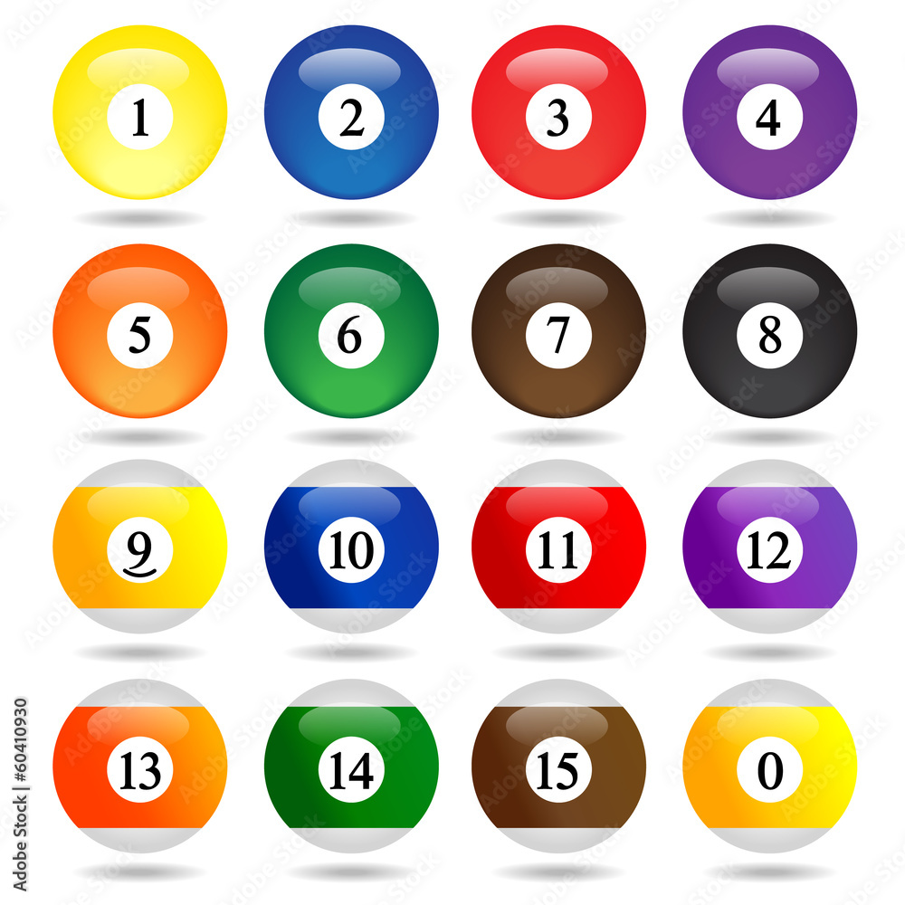 Colored Pool Balls. Numbers 1 to 15 and zero ball Stock Vector | Adobe Stock