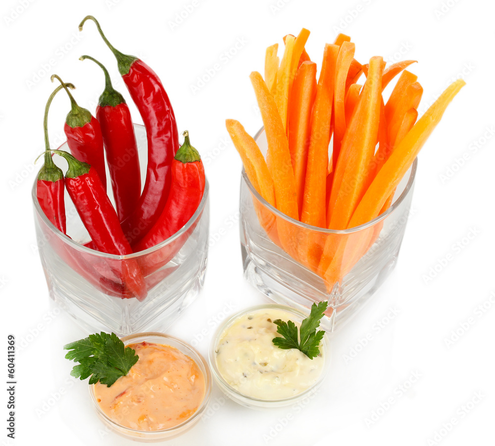 Assorted raw vegetables sticks isolated on white Assorted raw vegetables sticks isolated on white