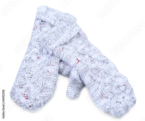 Woman knitted gloves, isolated on white