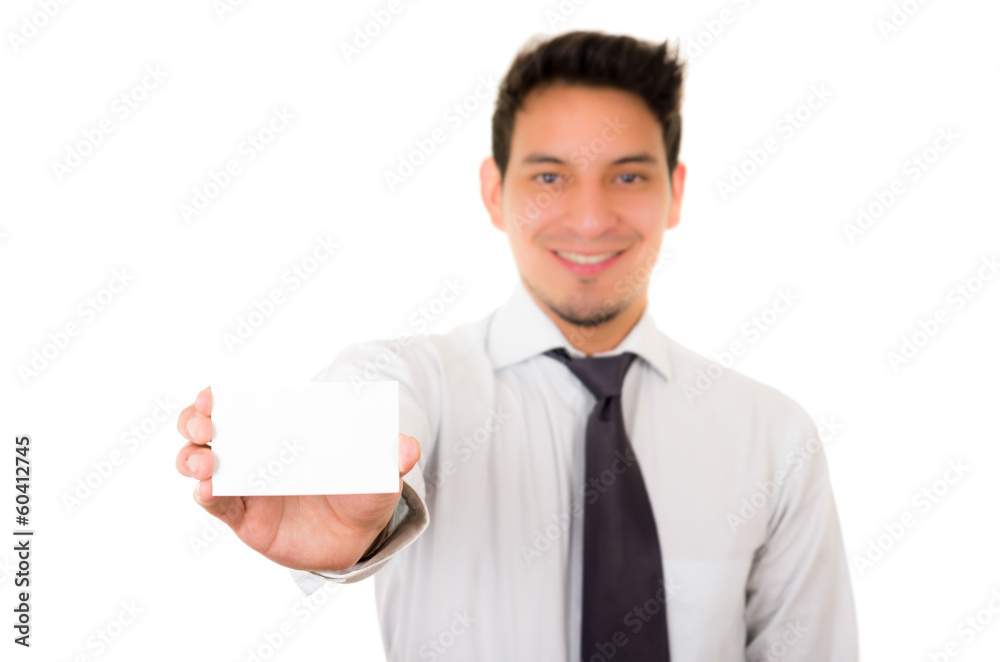 Hispanic Man's hand showing business card Hispanic Man's hand showing business card