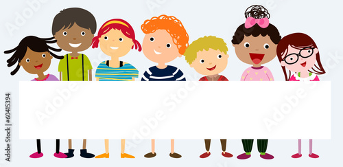 Multicultural kids holding blank banner