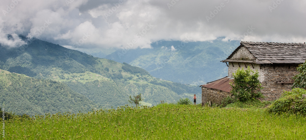 Lonely boy standing near his hut, amongst rice fields