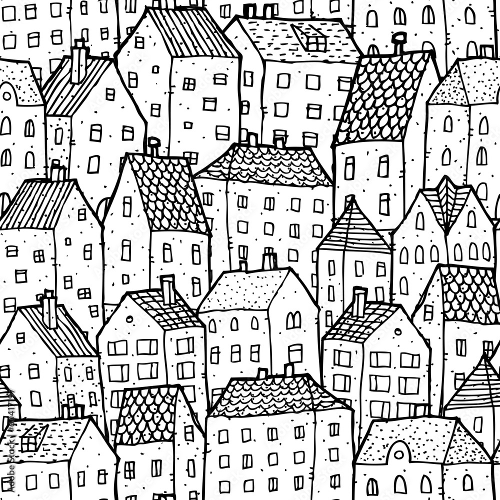 City seamless pattern in balck and white