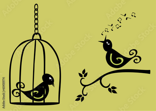 singing bird on branch and sad bird in a cage