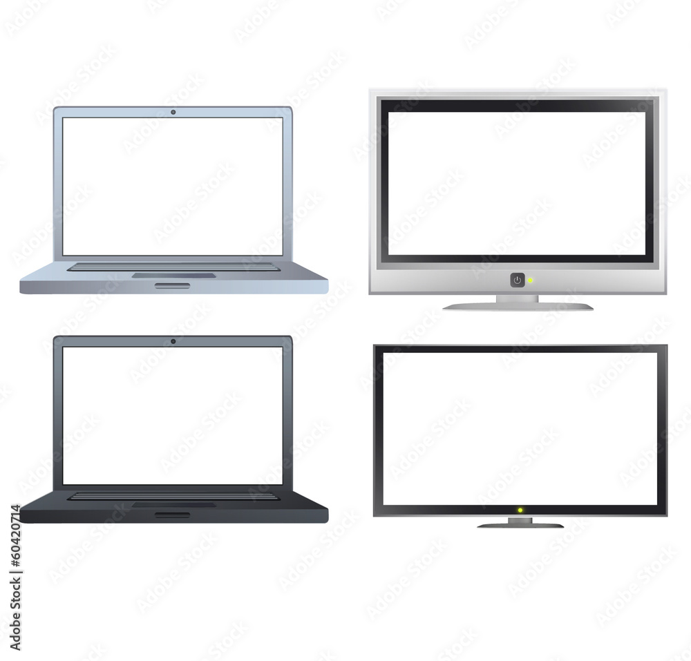 Modern laptop and TV with empty screen over white Modern laptop and TV with empty screen over white