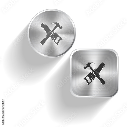 Hand saw and hammer. Vector set steel buttons