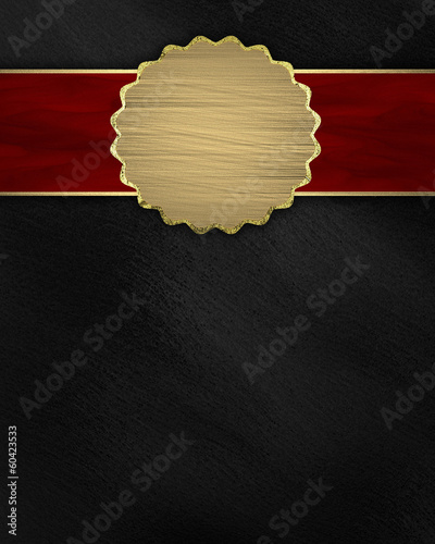 black background with a red stripe and a gold circle