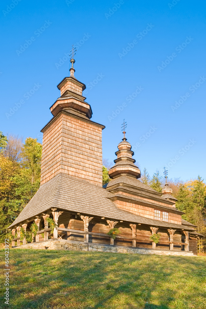 Old wooden church in Pirogovo, Ukraine