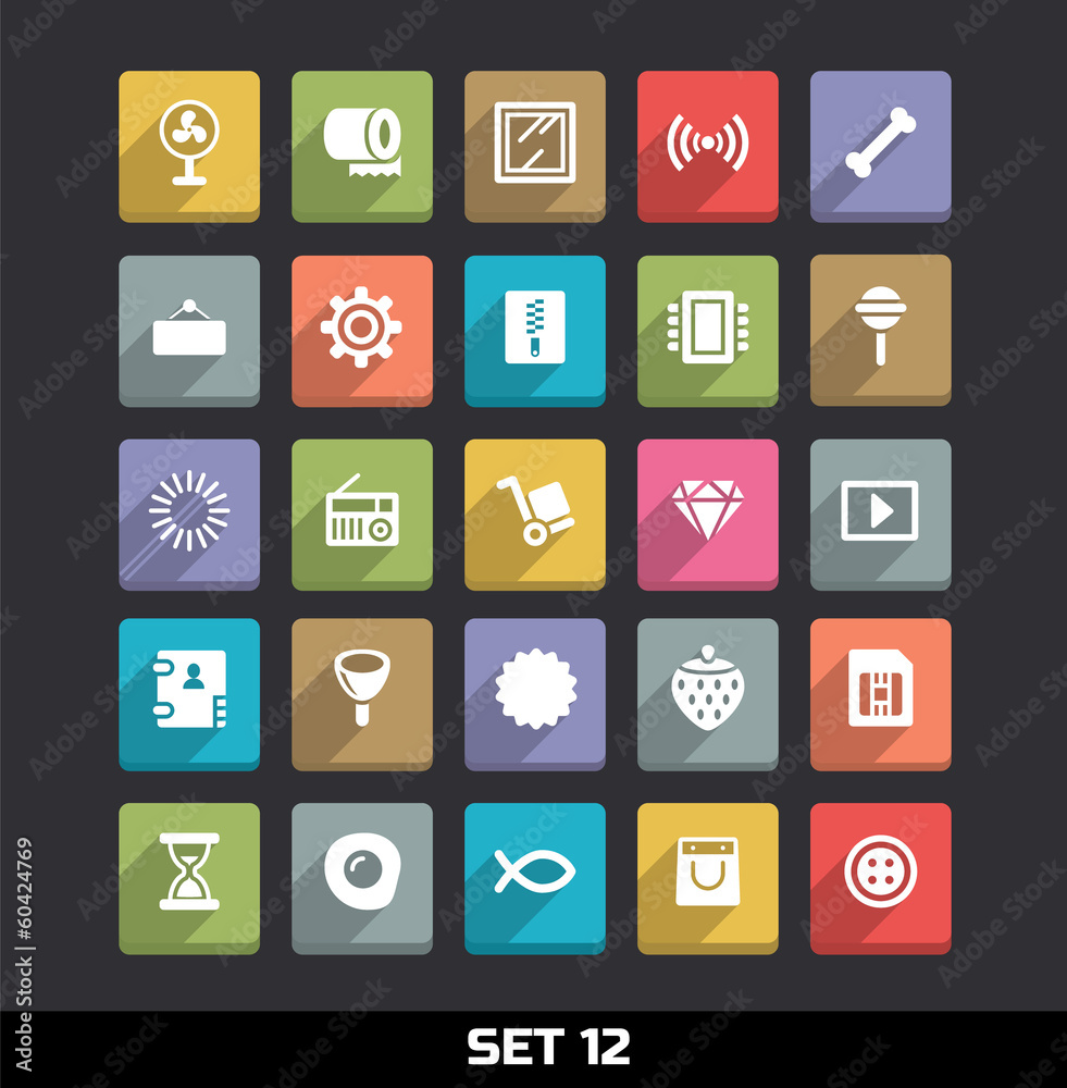 Trendy Vector Icons With Long Shadow Set 12 Trendy Vector Icons With Long Shadow Set 12