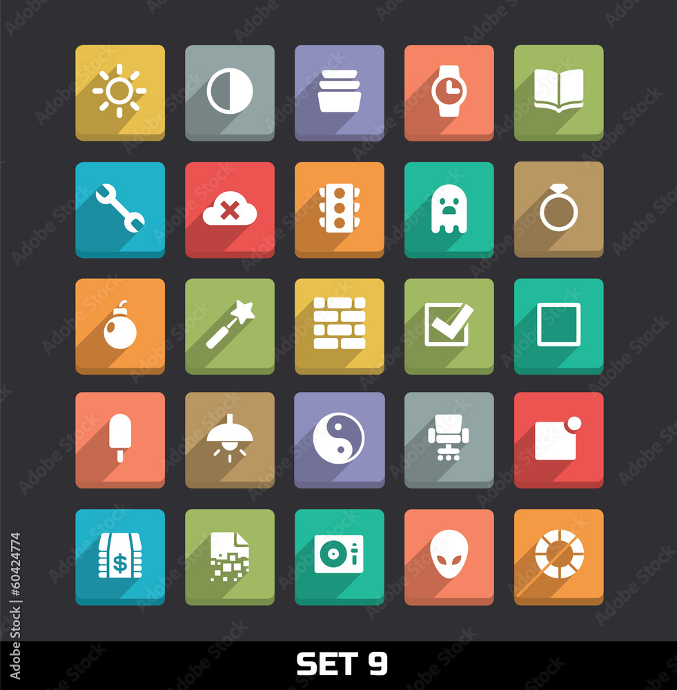 Trendy Vector Icons With Long Shadow Set 9 Trendy Vector Icons With Long Shadow Set 9