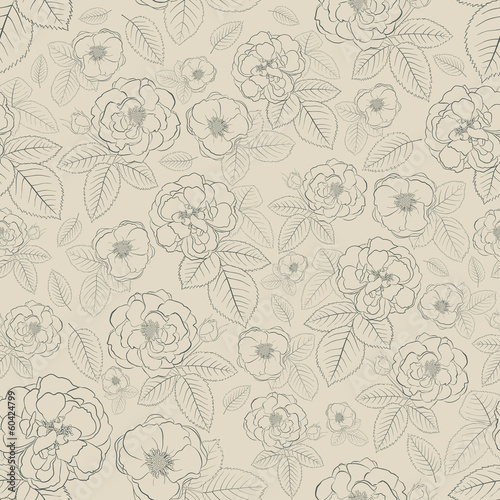 Seamless pattern of flowers, gray on brown