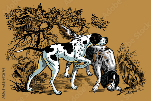 hunting dogs in forest illustration