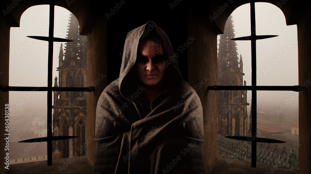 Mystery monk with the runes on the face - obrazy, fototapety, plakaty 