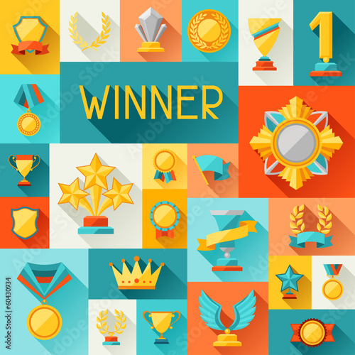Background with trophy and awards in flat design style.
