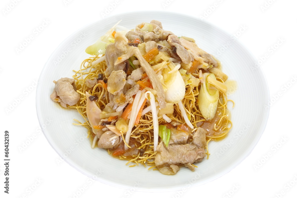 Chinese style deep fried yellow noodles with pork Chinese style deep fried yellow noodles with pork