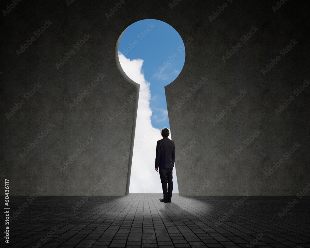 Obraz premium business woman standing near a hole in the wall