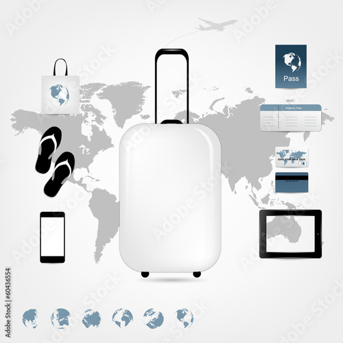 Travel suitcase with set of icons, pink zebra style
