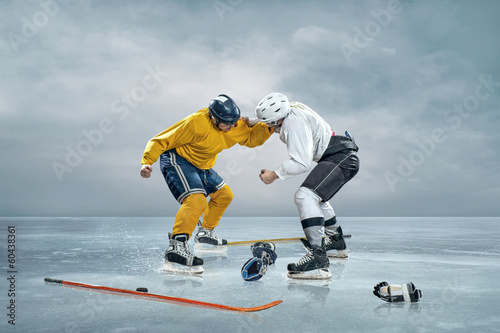 Two ice hockey player boxing on the ice