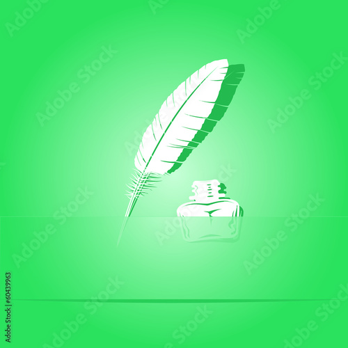 Feather and ink bottle. Paper sticker. Vector illustration.