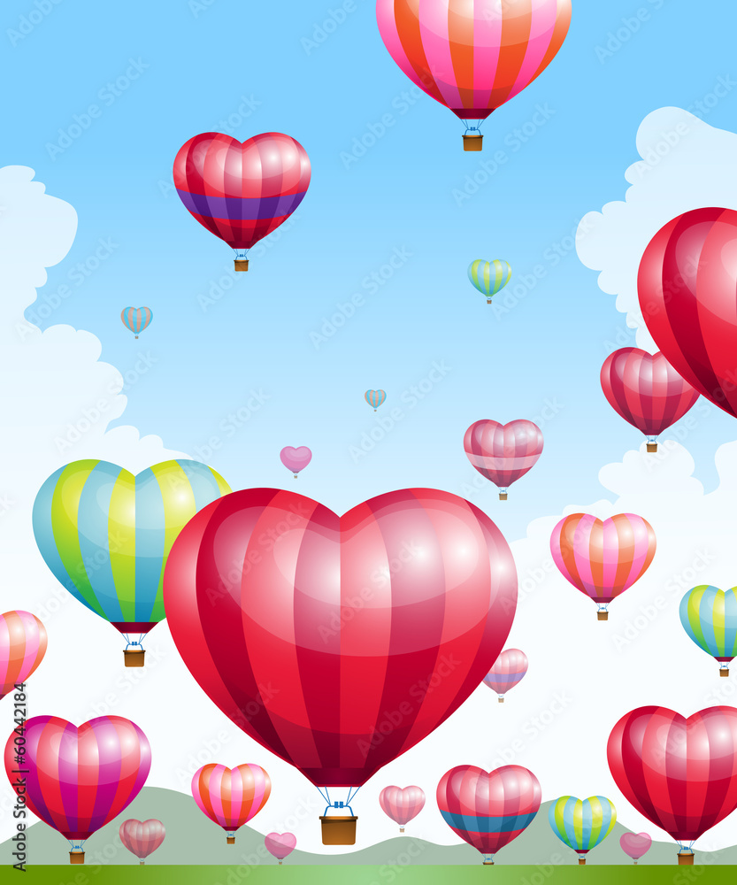 Heart shaped hot air balloons taking off