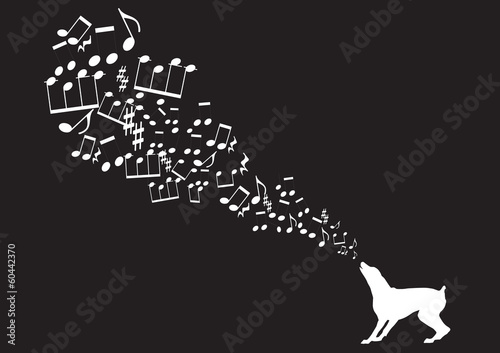 music notes takes off from dog's mouth on black background